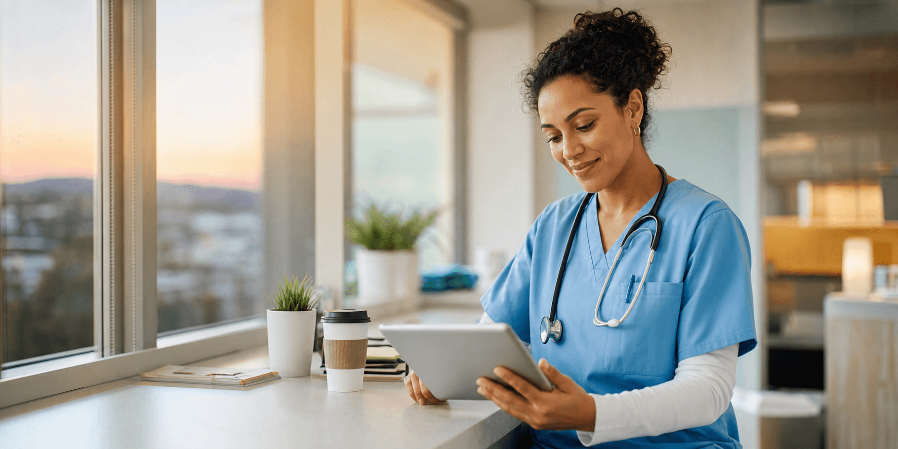 A healthcare worker reviewing information on a tablet during a quiet break