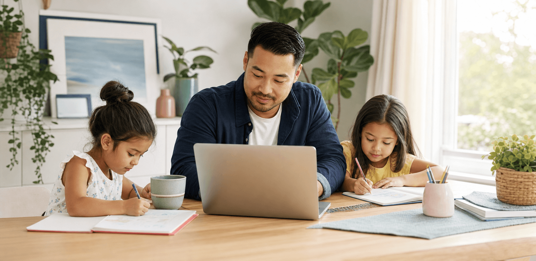A parent working at a kitchen table while two children draw nearby