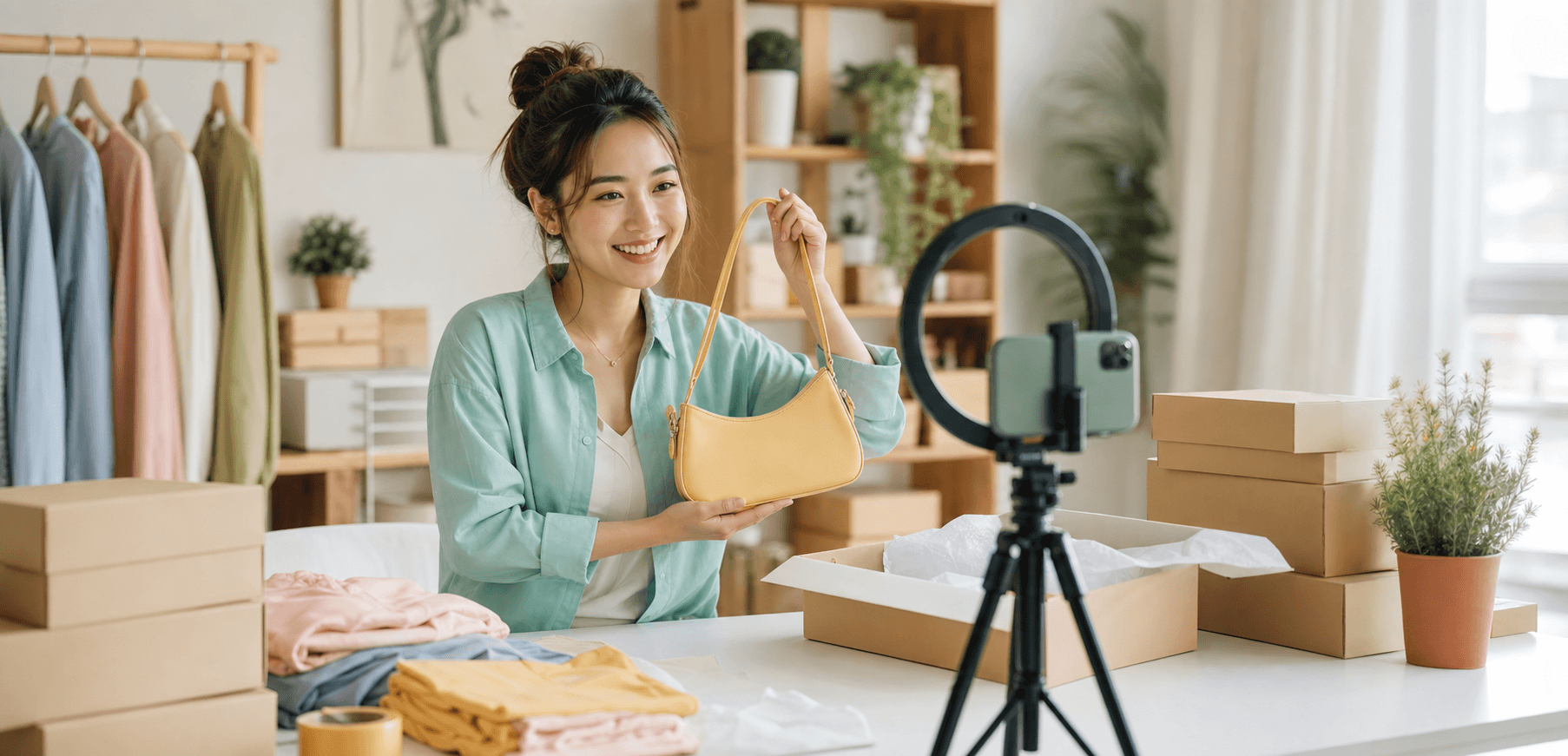A small business owner presenting a product while preparing customer orders